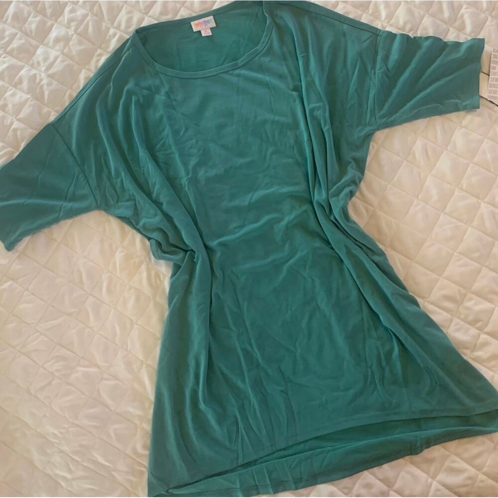 LuLaRoe Irma Teal Blue Polyester Sleek Tunic Top Short Sleeve Size M